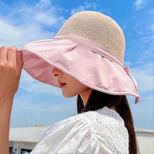 Solhat med hestehaleåbning til kvinder, bred skygge, sommer-visir, sammenfoldelig strandhat Pink