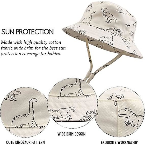Dww-Vit Dinosaurie-50cm Bred Brätte Solhatt Baby Barn Sommarhatt för Pojke Flicka Anti-UV Justerbar Mössa