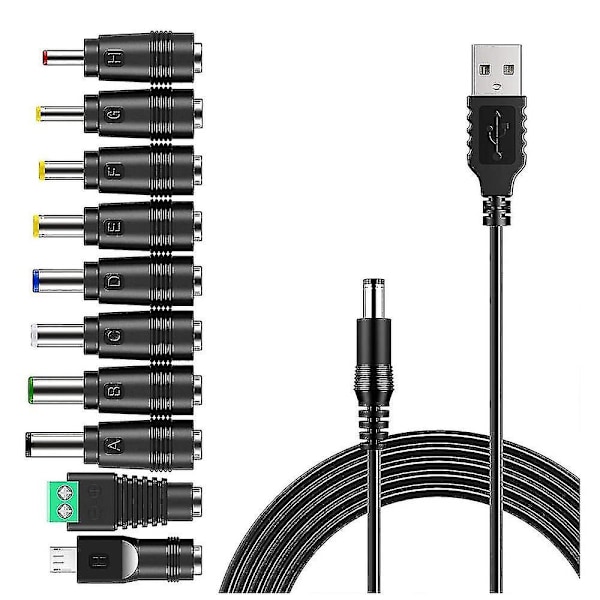 Usb til DC-strømkabel Universal Usb til DC-stik Opladningskabel Strømkabel med 10 udskiftelige Pl Ty（Sort）