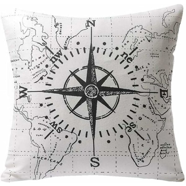 Gspirit Set med 4 bomullslinne printed nautisk kompass Ankare Maritimt brev kuddfodral 45x45cm