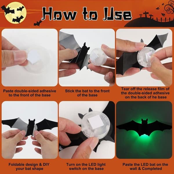Set med 36 gröna LED 3D Halloween-fladdermöss, inomhus väggdekoration för sovrum, dörr, spegel, fest