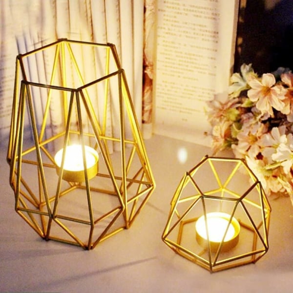 Set med 2 guld metall geometriska värmeljushållare för sovrum och badrum dekoration - medelstor för bröllop Matsals soffbord - DKSFJKL