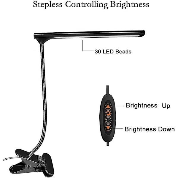 Led klips på skrivebordslampe, sengelampe med klemme for lesing, (svart)