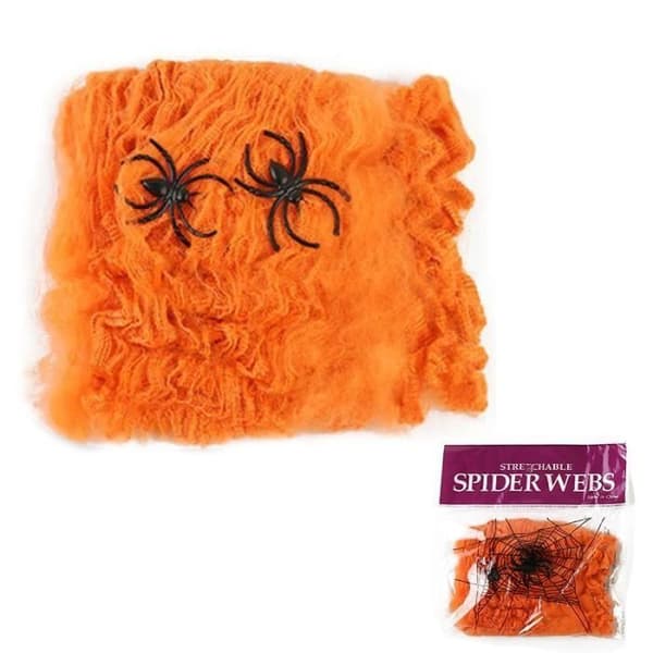 Oransje Halloween Spindelvev Dekorasjon - WINLLINEE - 100g - 10 Plast Edderkopper hvit XXS