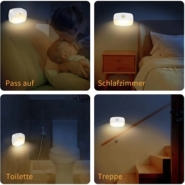 LED-nattlampa med rörelsesensor, 4 st varmvita batteridrivna lampor, 2 ljuslägen, automatisk på/av-sensorlampa för hall, trappa, sovrum