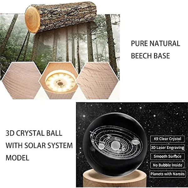 3D-graverad solsystem planeter kristallkula bordsdekoration hantverk med träbas, 3D-kristall LED-nattlampa (8 cm kula 7 cm bas, C)