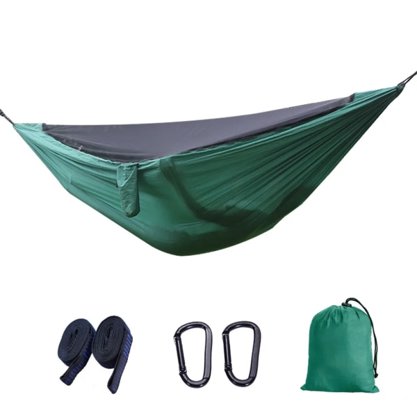 Campinghängmatta med myggnät och presenning, tältpresenning utomhus, vandring, 2 slingbandage för vandring, 2 karbinhakar gröna