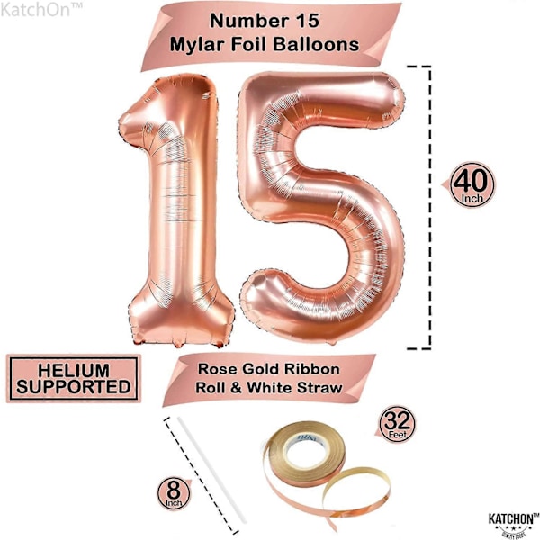 Jättelik, Roséguld Nummer 15 Ballon - 40 Tum | Roséguld 15 Ballonger Nummerfolie för 15-årsdag Dekorationer | Roséguld 15-årsdag Ballon för 15-årsdag
