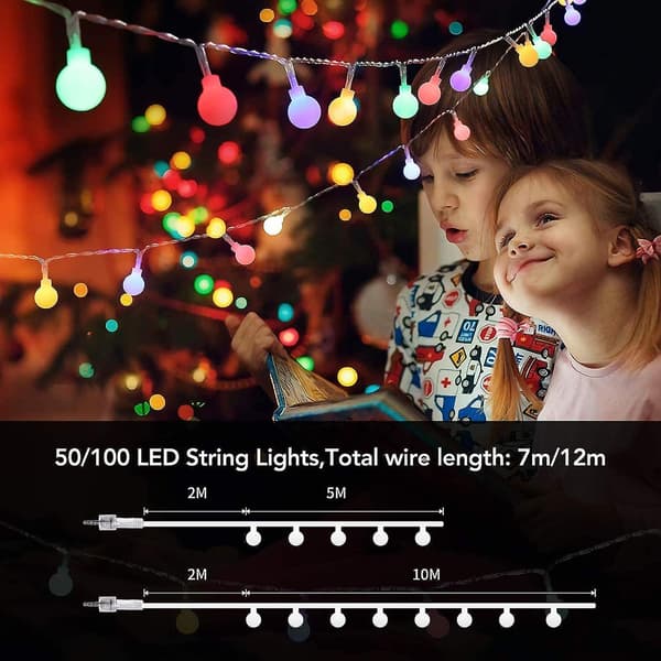 7M 50 LED Ball String Lights, Multicolor String Lights Batteri/USB-drevet Vanntett IP65 2 Lysmoduser med Fjernkontroll Justerbar Lysstyrke,