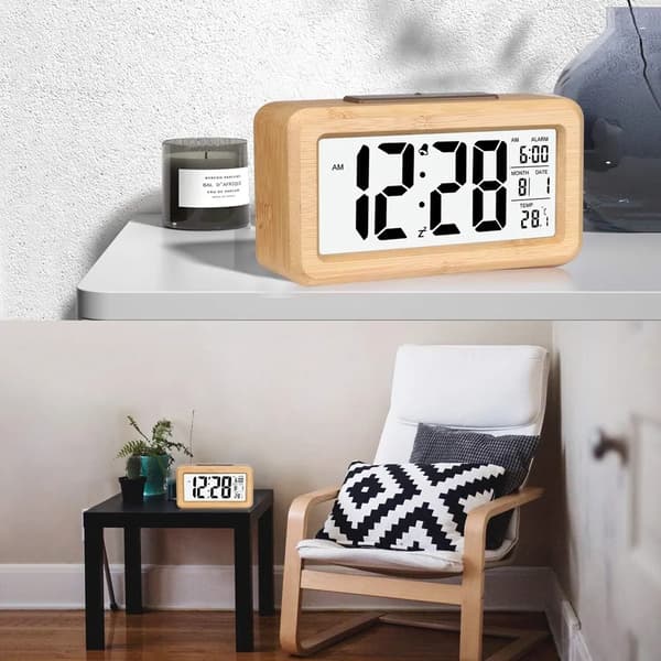 Träväckarklocka digital väckarklocka, bordsklocka med nattlampa, datum, temperaturvisning, bambu