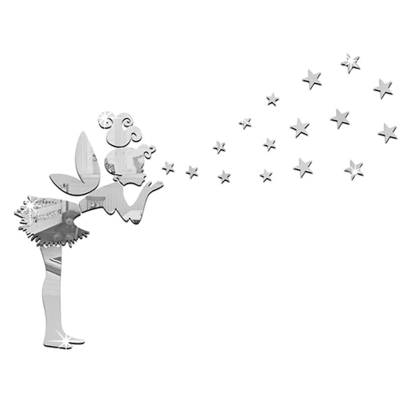 3D-väggspeglar klistermärken DIY älva stjärna rum dekor ängel magisk älva liten flicka och stjärnor dekal (silver)