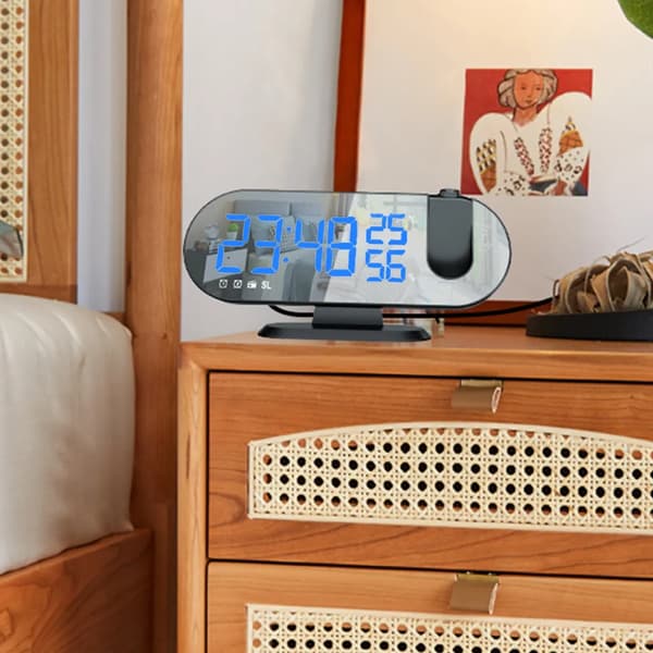 Projektionsväckarklocka med USB, Digital klocka med 180° projektor, Dubbla alarm, 12/24H LED-display, Blå