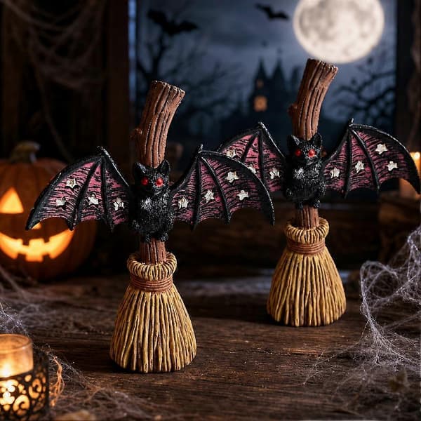 Flaggermus- og kosteskulptur i harpiks med LED-lys til Halloween-borddekorasjon 2pcs
