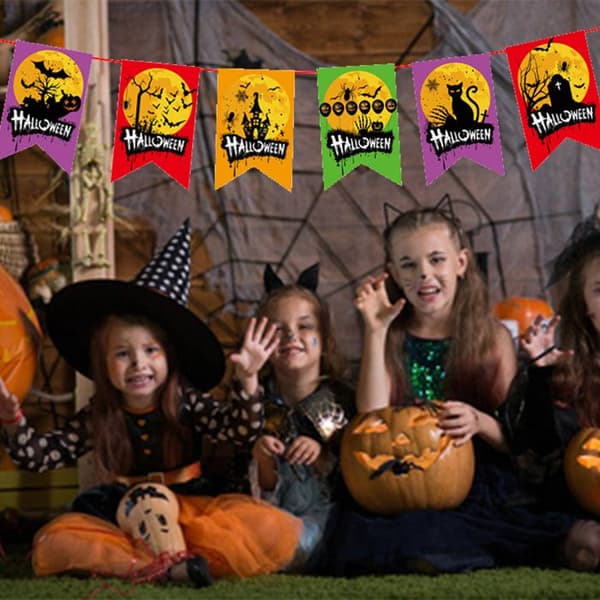 \"Happy Halloween\" banner, Halloween festdekorationer, træk-tilbage hængeflag, til hjemsøgte huse og...