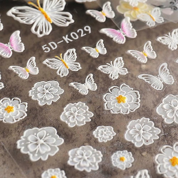 Ros Nagelkonst Dekaler 5D Utsökt Präglad Nagelkonst Tillbehör Självhäftande Nagelkonst Dekoration Svart Vit Fjärilsvingar Rosblomma Fjäder Carvin