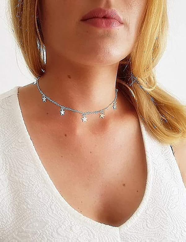 Stjärnhalsband för kvinnor flickor Stjärnchokerhalsband Justerbart (silver)-wtake
