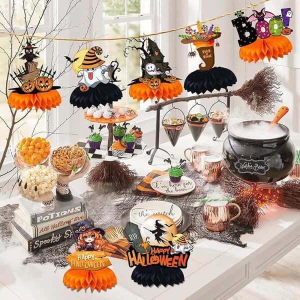 Set med 9 bikakeformade mittstycken för Halloween, pumpa, häxa, spöke, 3D bikakeformade bordsdekorationer. vit XXS