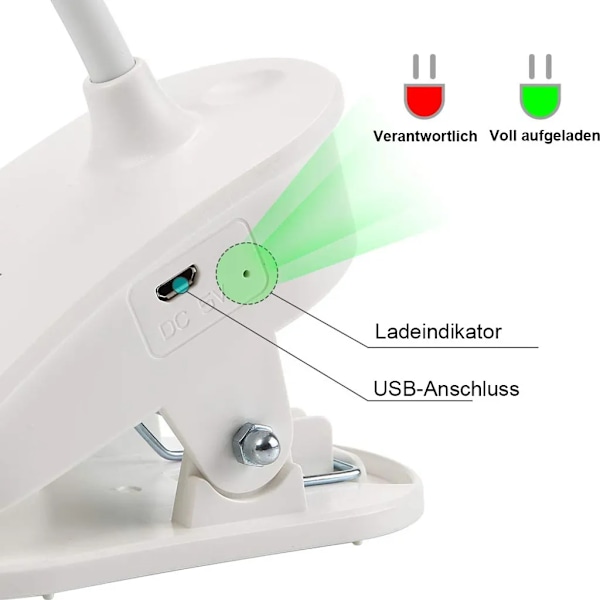 USB Uppladdningsbar Batteriklämlampa, Dimbar Ögonskydd Skrivbordslampa, Touchkontroll (1 Förpackning)