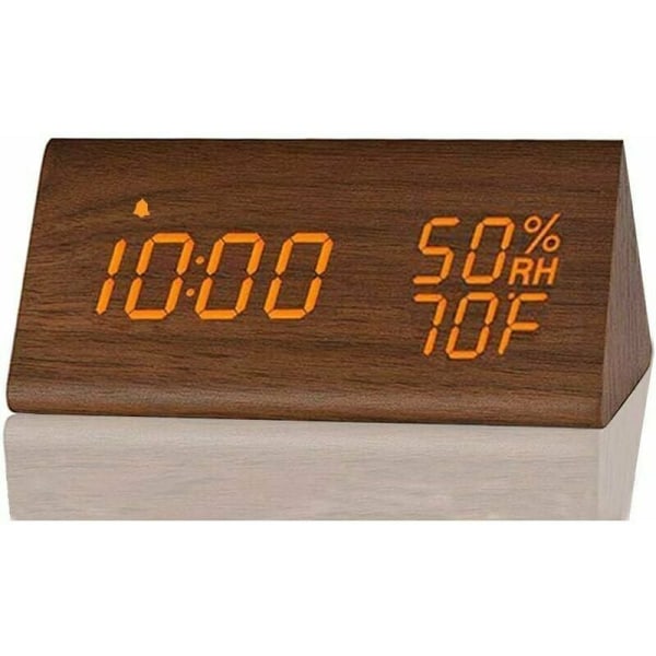 Digitalt vækkeur med elektronisk tidsvisning lavet af træ LED 3 alarmindstillinger Temperaturregistrering (brun)