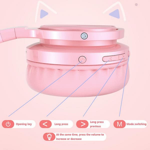 Bluetooth-hodetelefoner med katteører, LED, trådløse, sammenleggbare, over-ear-hodetelefoner - rosa