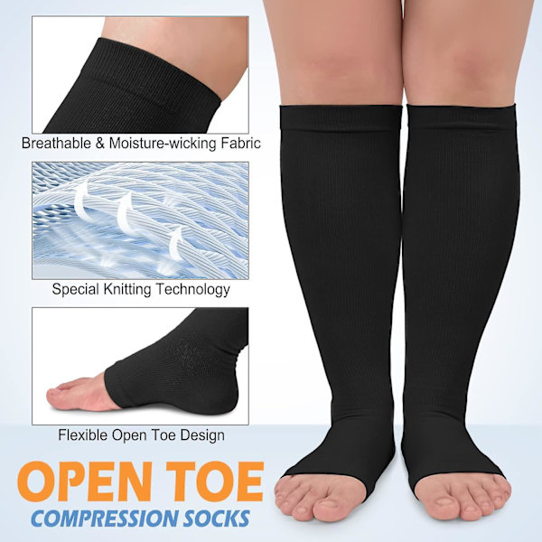 3-pack kompressionsstrumpor i koppar för kvinnor och män, 20-30 mmHg öppna tåstrumpor för knästödscirkulation/3X-Large-svart