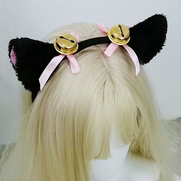 Japansk Lolita Cosplay Hårband Söt Konstgjord Päls Plysch Kattöron Hårbåge Med Klockor Båge Maskerad Anime Festdräkt (Svart)