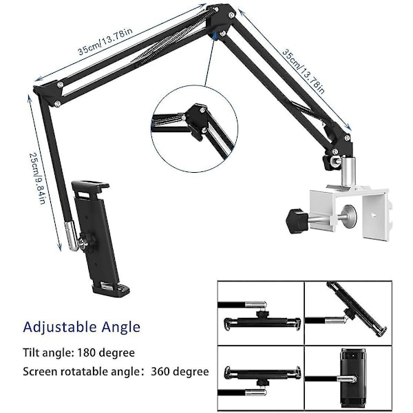 Sängyn tablet-teline, säädettävä ja taitettava, 360 asteen kierto iPhone-, iPad-, matkapuhelin-, tabletti- ja Kindle Fire -laitteille 1,85\"-12,8\" (jatkettava varsi)