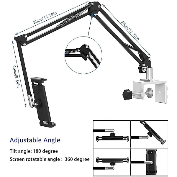 Tabletholder for seng, justerbar og sammenleggbar med 360 graders rotasjon for iPhone, iPad, mobiltelefon, nettbrett, Kindle Fire 1,85\"-12,8\" (utvidet arm)