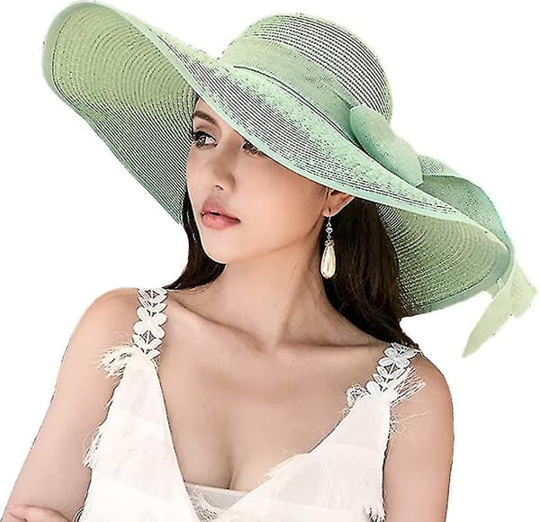 Kvinde Bredskygget Solbeskyttelse Halmhat, foldebar Floppy Hat, sommer UV-beskyttelse Strand Cap（Grøn）
