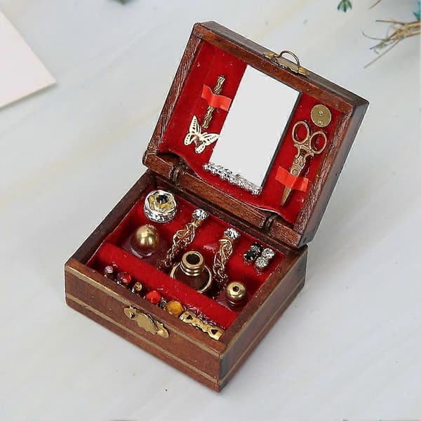 Miniature træ smykkeskrin model ornamenter til 1/12 dukkehus tilbehør