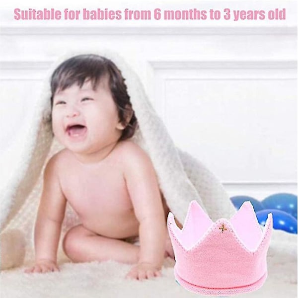 Baby fødselsdagskrone Hovedbånd Hat Krone Strik Hat Hovedbeklædning Fest Hatte Baby Dåb Dekoration（Rosa）