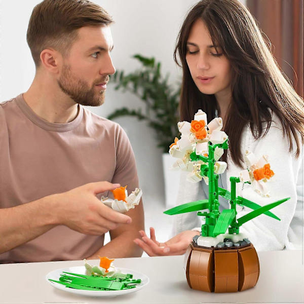 Blombyggset för Vuxna, Blombukett Påskliljor Bonsai Växt, Botanisk Samling Heminredning, Kreativ Leksakspresent för Pojkar Flickor 6+