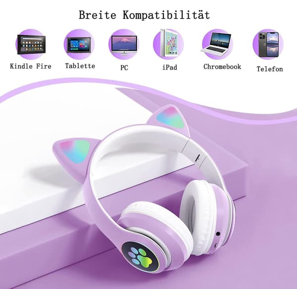 Bluetooth-hörlurar för barn, hopfällbara, med LED-ljus, kattöron och mikrofon