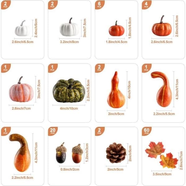Høstdekorasjon Gresskar Halloween Thanksgiving, 102 stk Mini Kunstige Gresskar Lønneblader Kongler