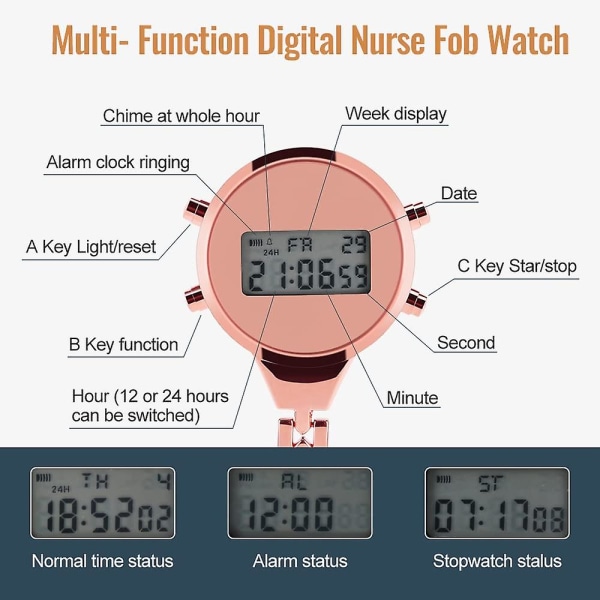 Sjuksköterska watch, multifunktion digital watch Broschnål Watch med lysande kalender