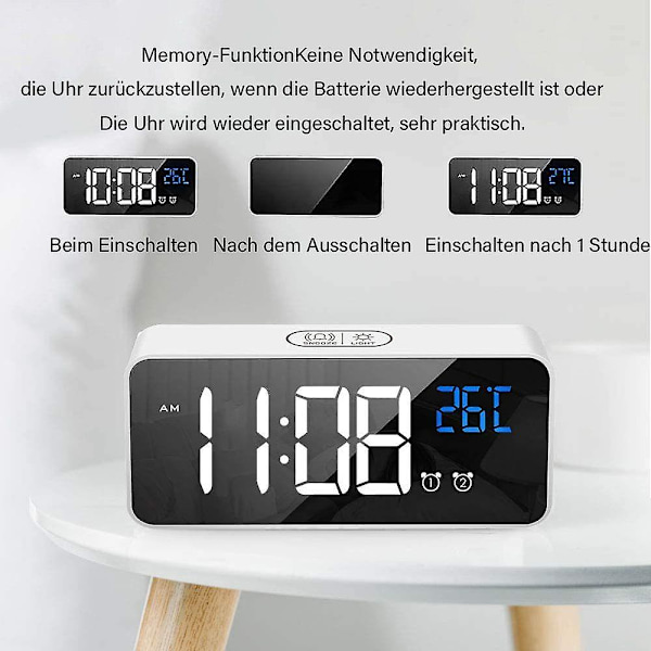 Digital väckarklocka, LED digital väckarklocka spegel skrivbordsklocka USB uppladdningsbar reseväckarklocka med 2 larm/snooze/temperaturvisning/röststyrning