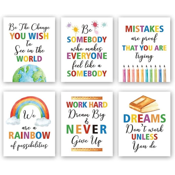 Färgglada ordkonsttryck, set om 6 (8x10), inspirerande citat Motiverande ordstäv Canvasaffisch, Rainbow World Crayon Ink Splatters Wal