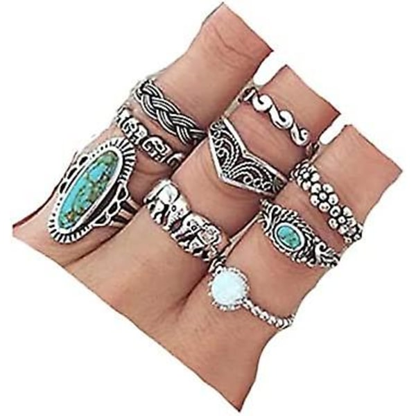 9 st Turkos Ringset för Kvinnor Knuckle Vintage Ringar Pack för Kvinnor Flickor Bohemiska Ringar Silver Led Knuten Ringar Set för Tonåringar Halloween Party Dai