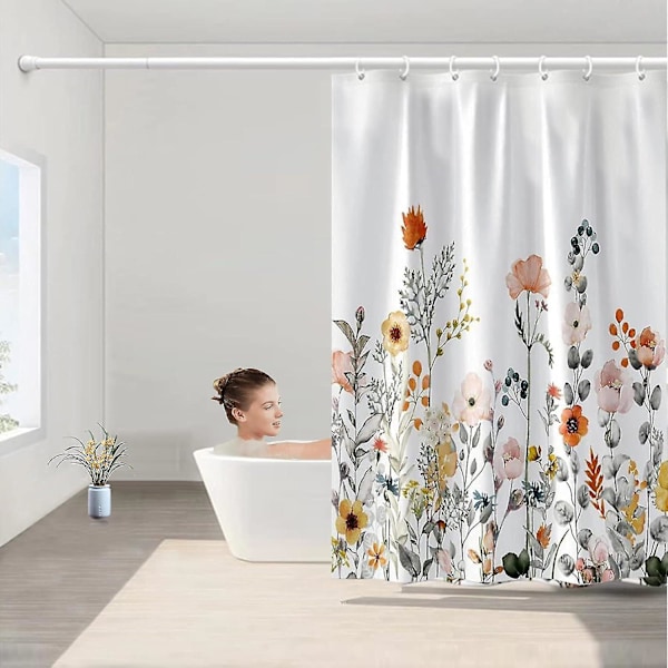 Blommig duschdraperi, tygduschdraperi vitt duschdraperi - 71 tum brett x 71 tum långt med 12 krokar för hemhotell maskintvättbar gardin