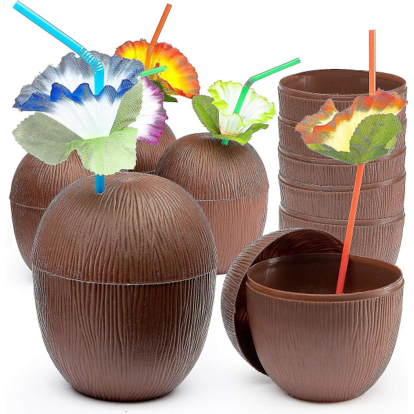 6-pack kokosnötsmuggar med sugrör, Hawaiian Luau Tiki och strandfestdekorationer för barn och vuxna