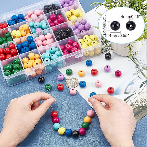 400 st 14mm Färgade Träpärlor 10 Färger Träpysselpärlor Runda Träkulor Lösa Distanspärlor för DIY Smyckestillverkning Heminredning Makramé Jul