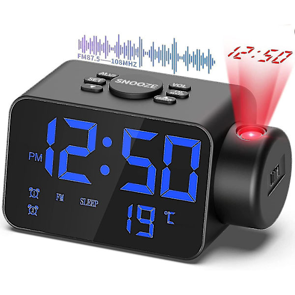 Takprojektionsklockradio, FM-väckarklocka med takprojektor, temperaturvisning, dubbla USB