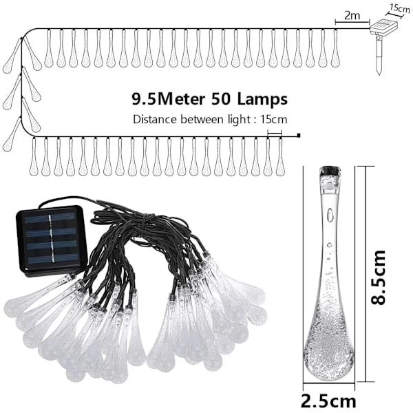 Solcelledrevne fe-lys, 9,8 meter vanndråpeformede fe-lys for hage, trær, jul, festdekorasjon, varmt hvitt
