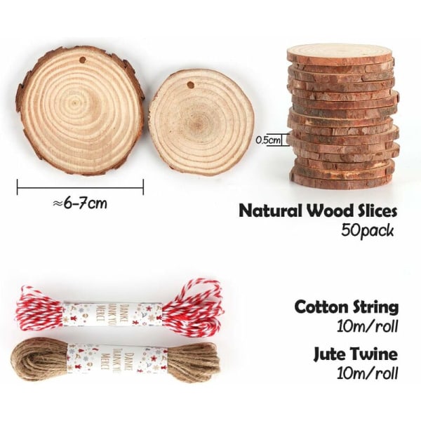 50 stycken 6-7 cm skivor av naturligt trä med 20 meter rep, träskivor, träskivor, perfekt utskärning för DIY presentdekorationsprocessen