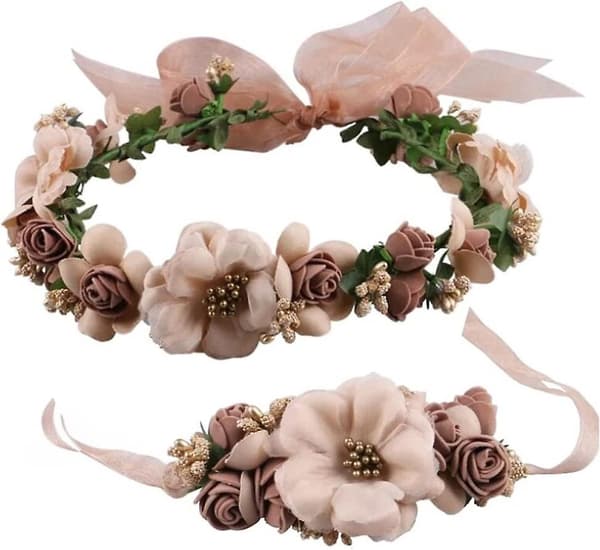 Justerbart bryllupsblomsterhodebånd med blomsterarmbånd Hårkrans Kronepynt (lys kaffe)