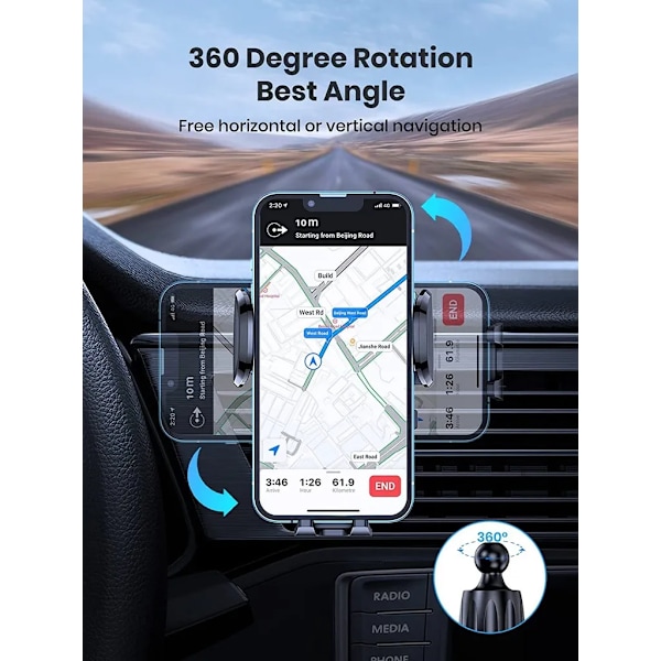Bil mobiltelefonholder, med krogklemme, 360° rotation mobiltelefonholder