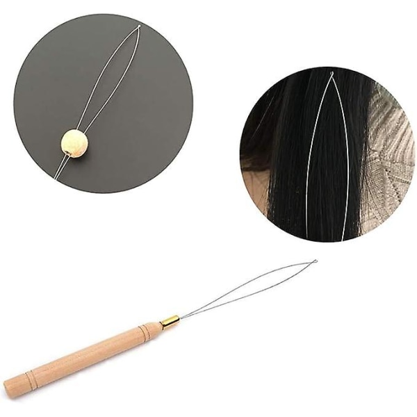 3-delade hårförlängningsringar, krokverktyg och pärlinstallationsverktyg för hår- eller fjäderförlängning - trä och rostfritt stål