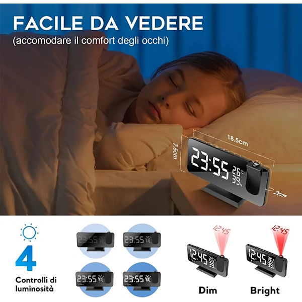 LED digital väckarklocka med 180° projektion, stor LED-display med USB-port, snooze dubbelalarm, 4 projektionsljusstyrkor med automatisk dimmer