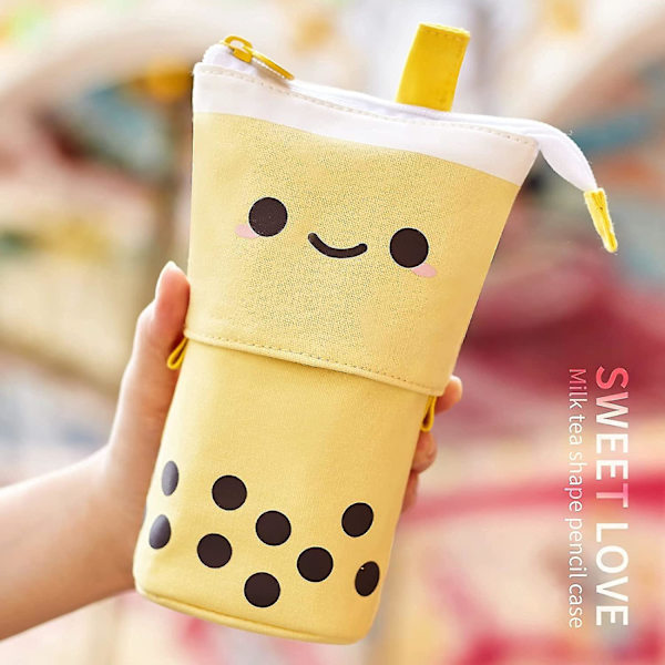 Söt pennfodral stående pennhållare teleskopisk sminkväska pop up kosmetikaväska med kawaii smile face skrivmaterialväska kontorsorganisationslåda (gul)