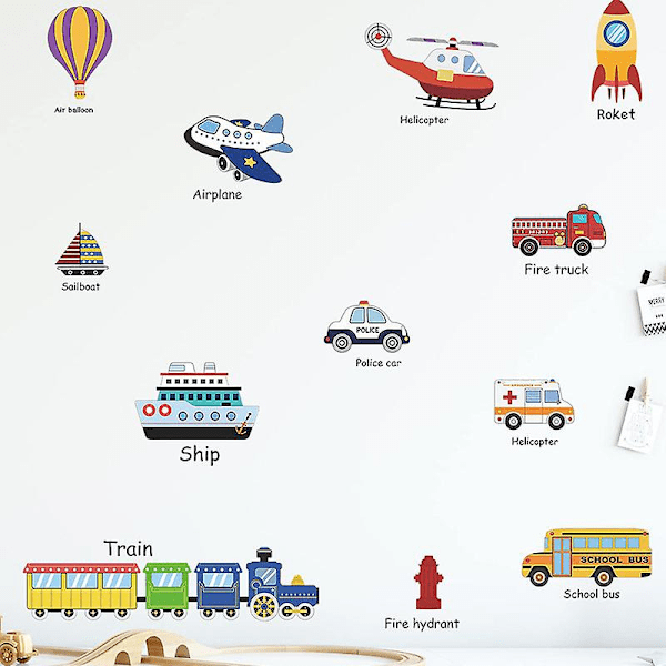 Dww-Selvklebende klistremerker for veggdekorasjon av barnerommet (bil, fly, transport)